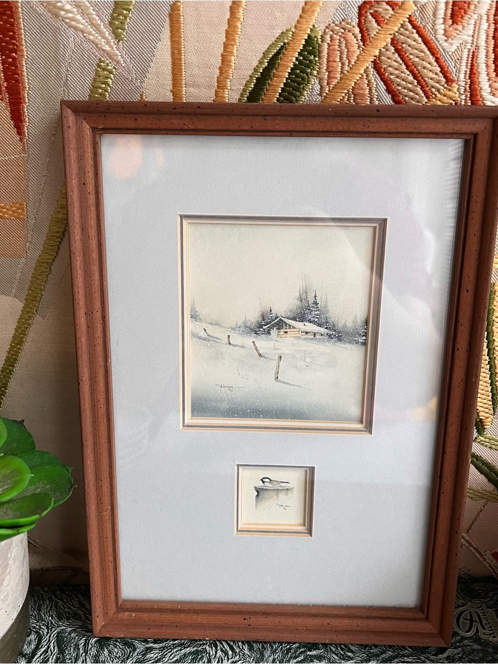 T Hileman miniature double watercolor framed painting